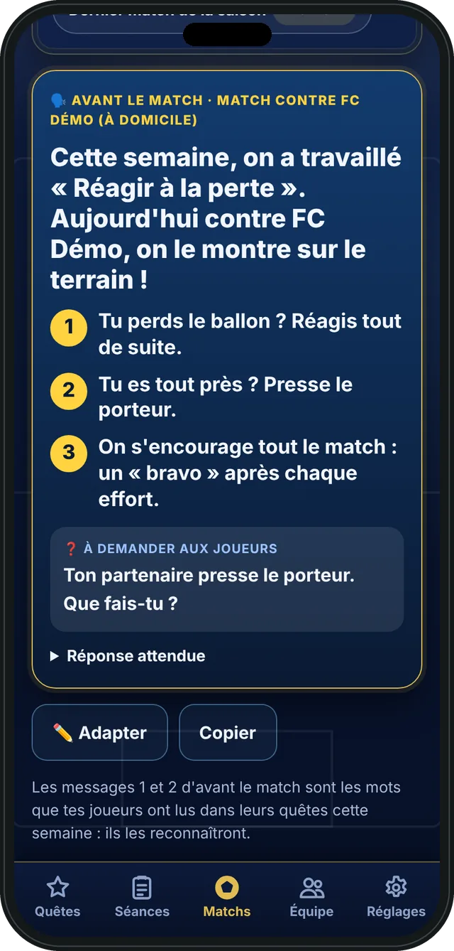 La fiche vestiaire d'avant-match : une accroche, trois messages et une question