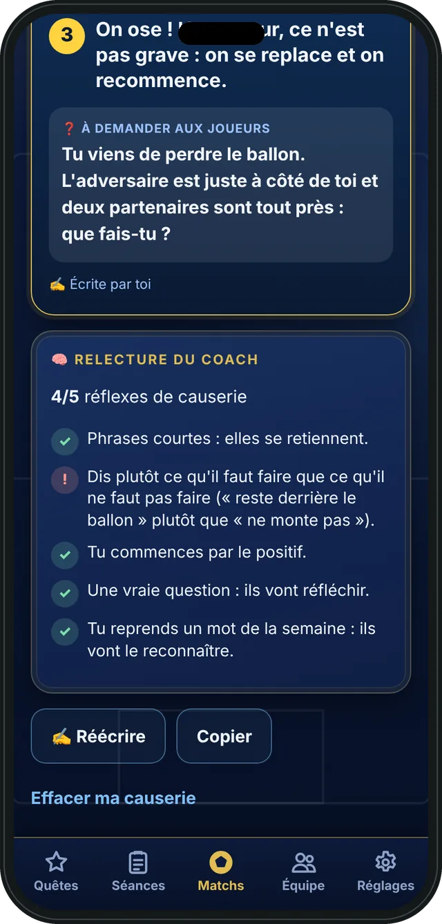 La relecture du coach : les réflexes de causerie cochés