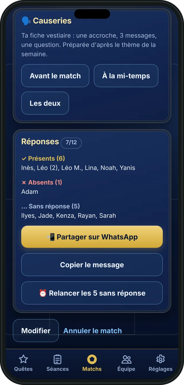 Une convocation : présents, absents, sans réponse, et le bouton Partager sur WhatsApp