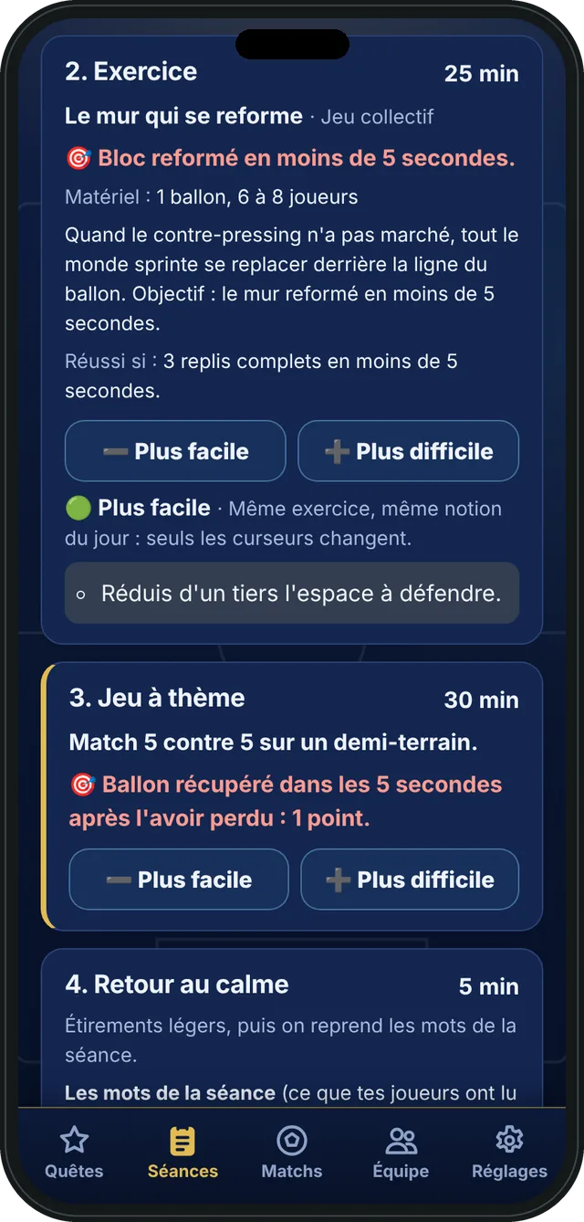 Un exercice avec les boutons Plus facile et Plus difficile, et ce qu'il faut changer