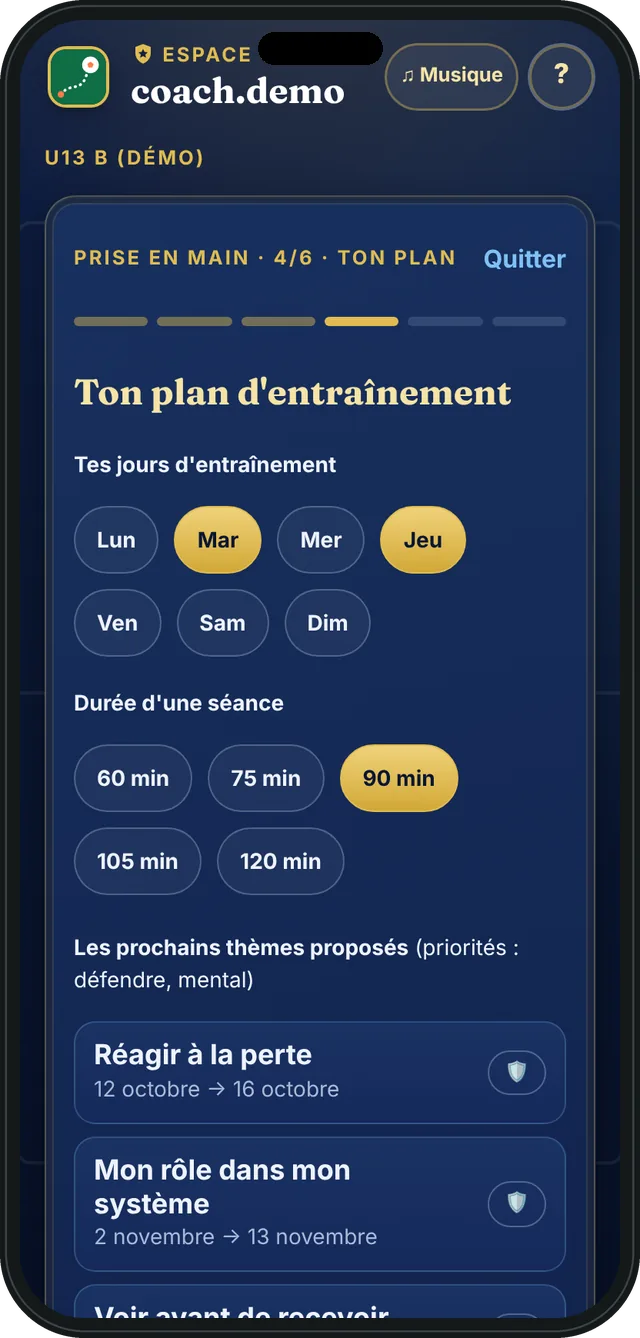 Prise en main : jours d'entraînement, durée des séances et prochains thèmes proposés