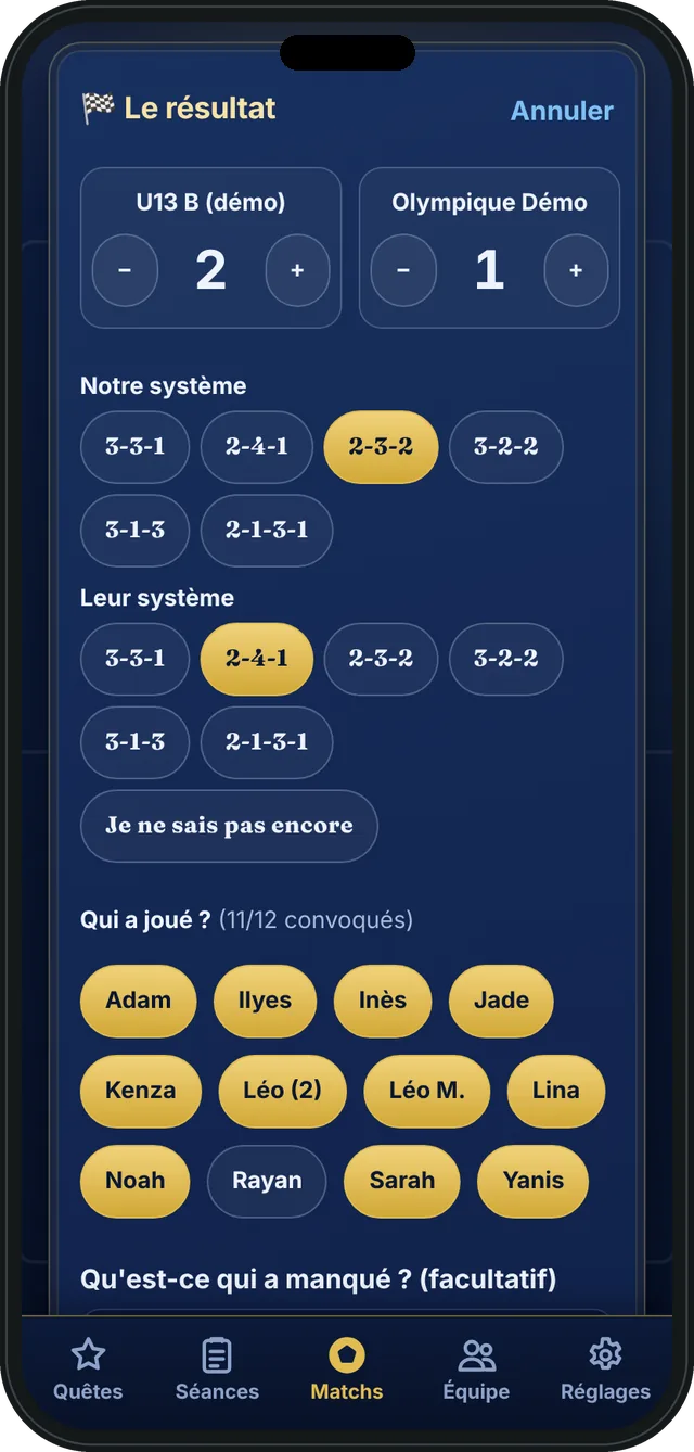 Ajouter le score en 10 secondes : le score, notre système, leur système et qui a joué