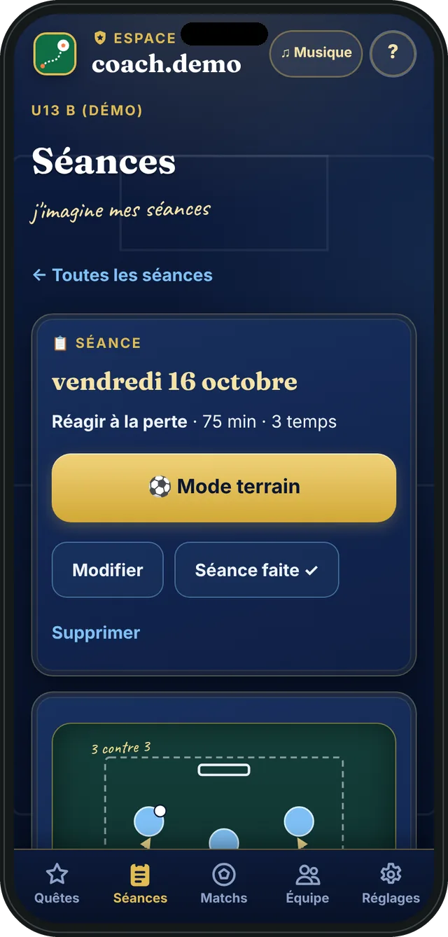 Une séance : chaque partie avec sa durée et sa notion principale écrite en rouge