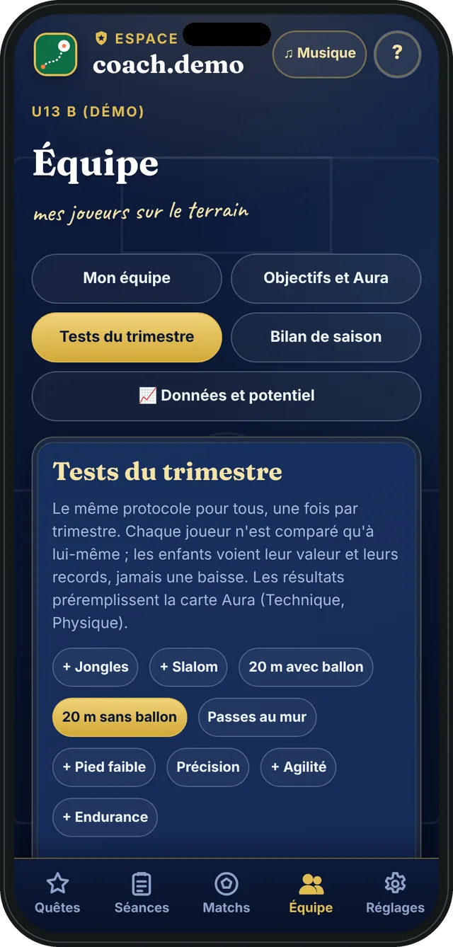 Tests du trimestre : vitesse 20 m avec et sans ballon, passes au mur, jongles…